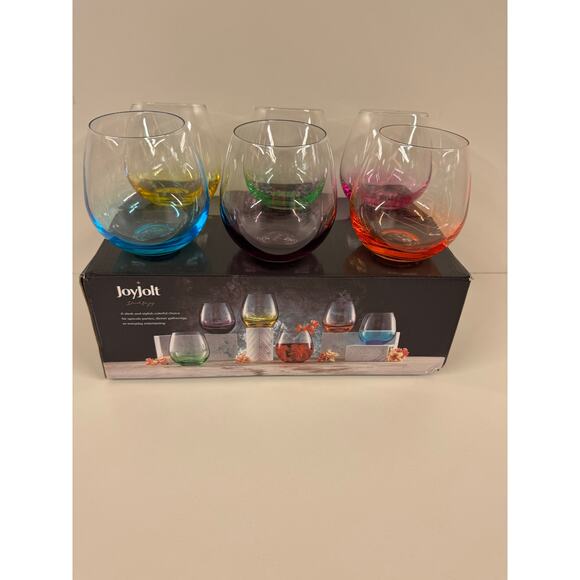 Joy Jolt 6 Hue Stemless Wine Glass Set 15 Oz Stemless Set Of 6 Short Large - Picture 3 of 7